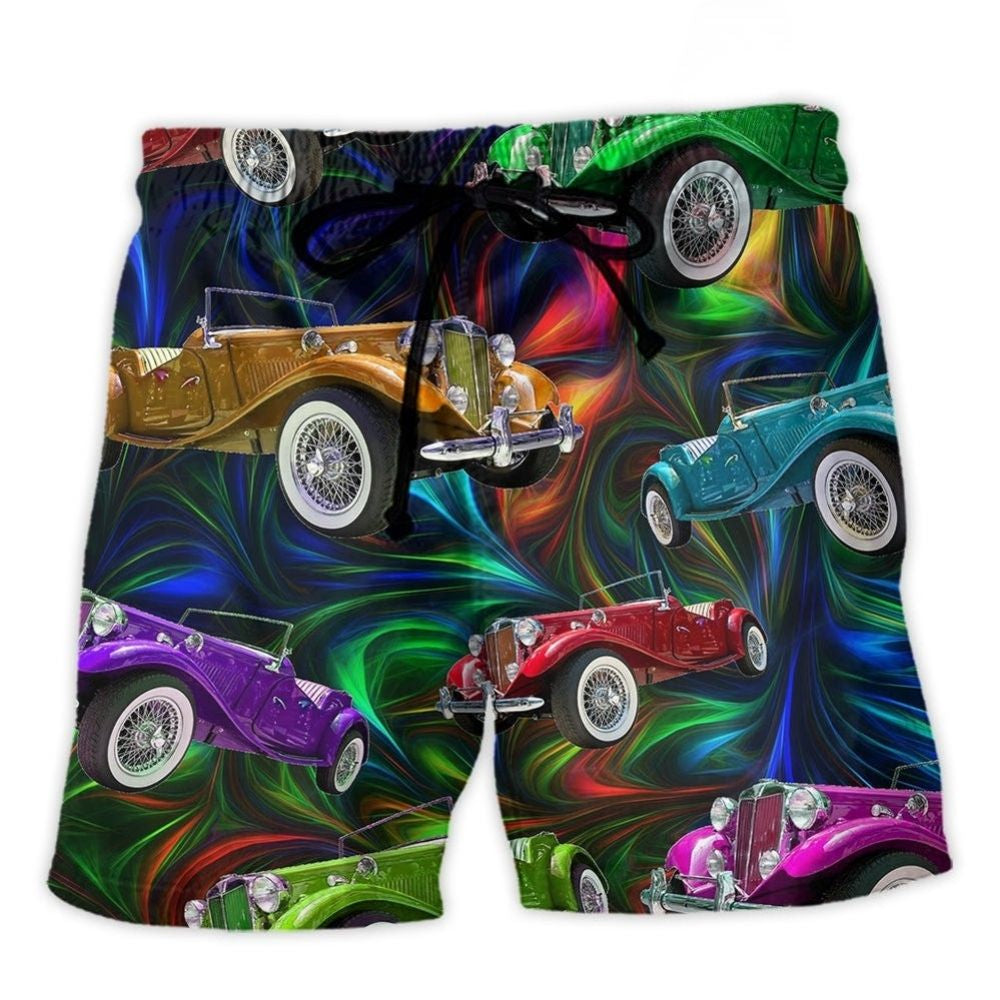 Retro Car Colorful Vintage Vibe Beach Shorts Artwork View For Seaside Trips And Casual Style