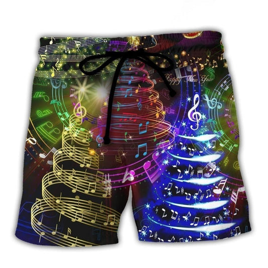 Christmas Tree Happiness Music Beach Shorts Pattern View For Vacation Travel And Outdoor Fun