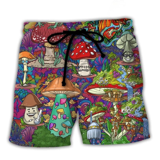 Hippie Mushroom Peace Lover Beach Shorts Pattern Detail For Sunny Outdoor Activities