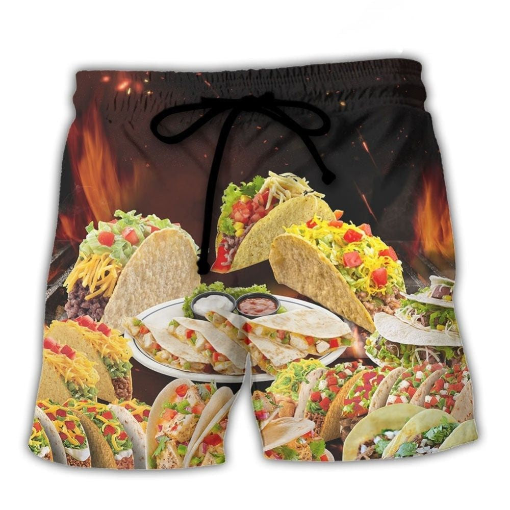 Tacos Fast Food Delicious Beach Shorts Artwork Detail For Tropical Travel And Everyday Wear
