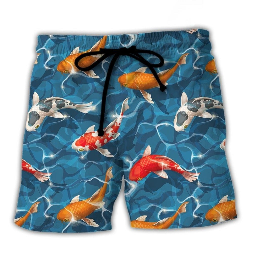 Colorful Koi Fish Swimming In Garden Pond Beach Shorts Artwork View For Seaside Trips And Casual Style