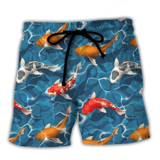 Colorful Koi Fish Swimming In Garden Pond Beach Shorts Artwork View For Seaside Trips And Casual Style