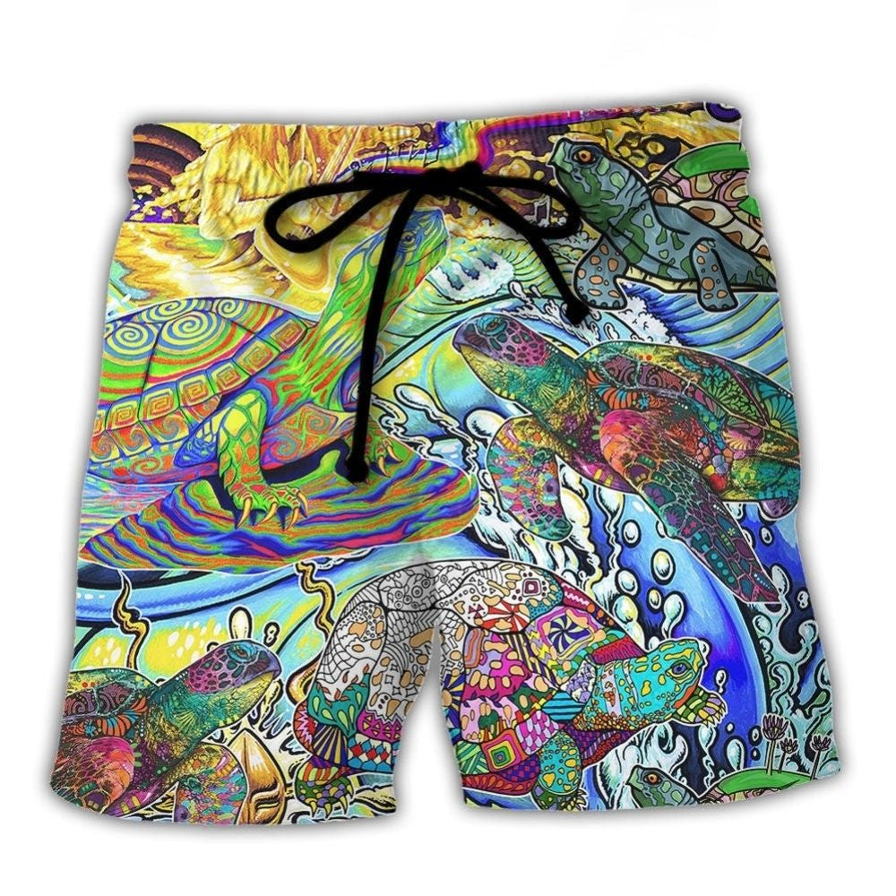 Hippie Turtle Colorful Peace Beach Shorts Artwork Detail For Tropical Travel And Everyday Wear