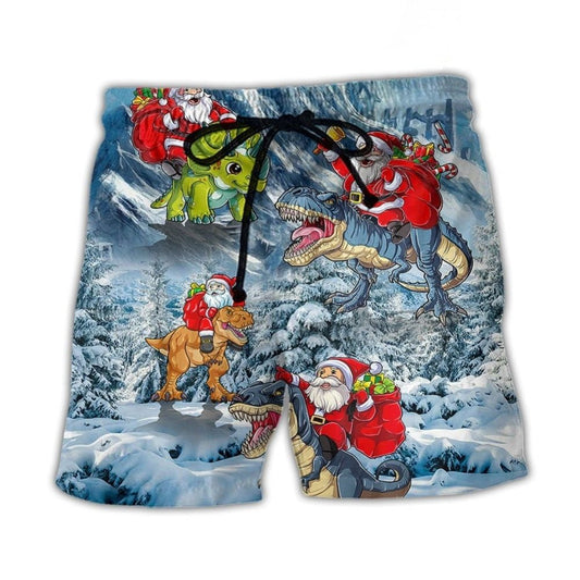 Santa Riding Dinosaur With Christmas Tree Lights Beach Shorts For Outdoor Adventures And Thoughtful Seasonal Gifts