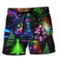 Neon Christmas Tree And Snowman Beach Shorts Design Detail For Casual Warm Weather Outfits