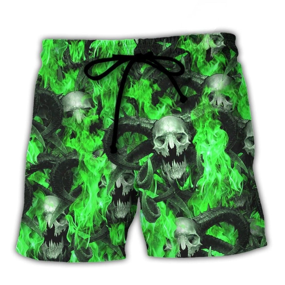Skull Green Flame Burning Beach Shorts Graphic Detail For Resort Trips And Casual Outings