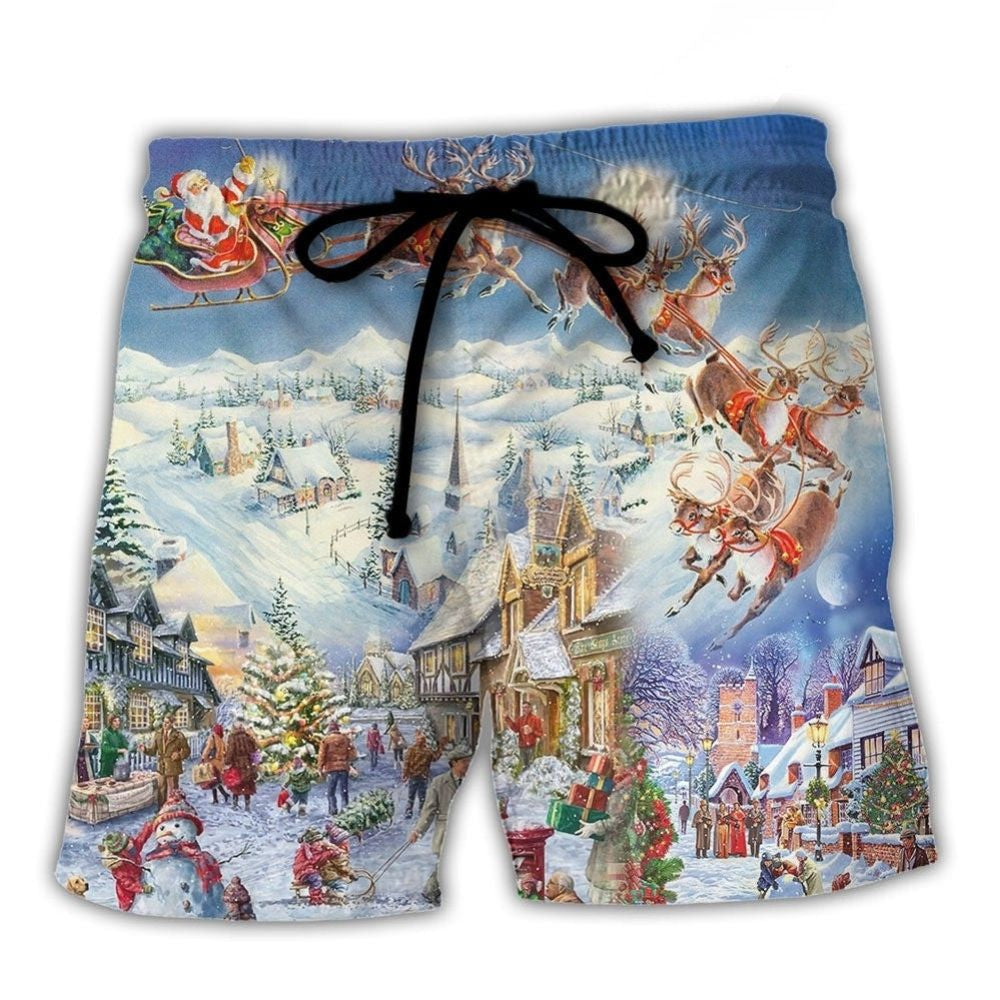 Santa And Reindeer Festive Christmas Joy Beach Shorts Print Detail For Beach Activities And Vacation Wear