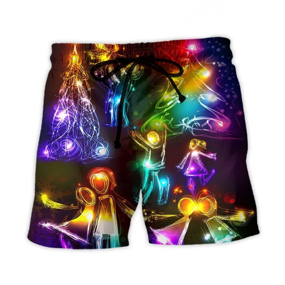 Christmas Family Love Tree Neon Lights Beach Shorts Artwork View For Seaside Trips And Casual Style
