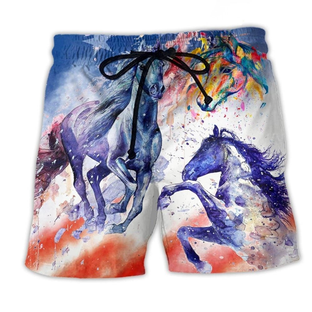 Horse Independence Day Spirit Beach Shorts Artwork Detail For Tropical Travel And Everyday Wear