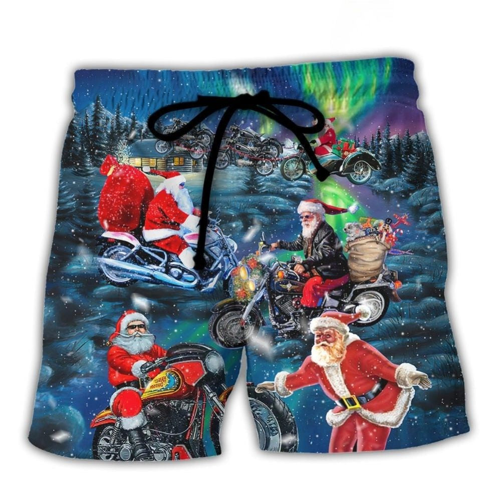 Crazy Santa Biker Christmas Ride Beach Shorts Design View For Comfortable Resort And Beach Styling