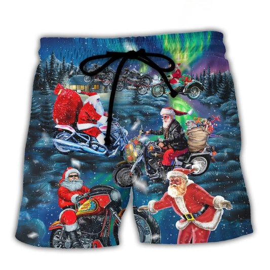 Crazy Santa Biker Christmas Ride Beach Shorts Design View For Comfortable Resort And Beach Styling