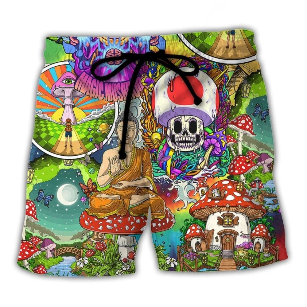 Hippie Mushroom Peace Colorful Vibes Beach Shorts Design View For Poolside Relaxation And Holiday Trips