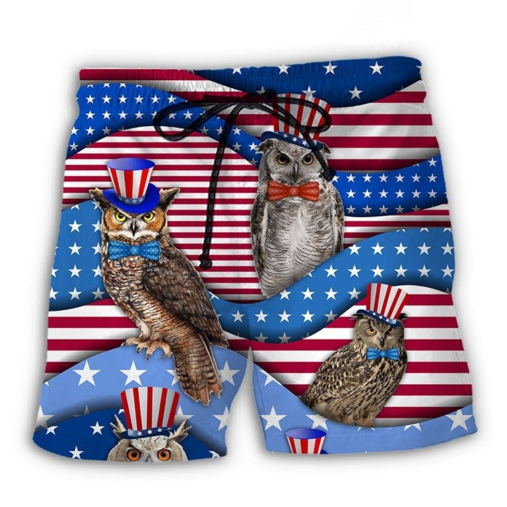 Owl With Flag Independence Day Beach Shorts For Tropical Getaways And Weekend Adventures