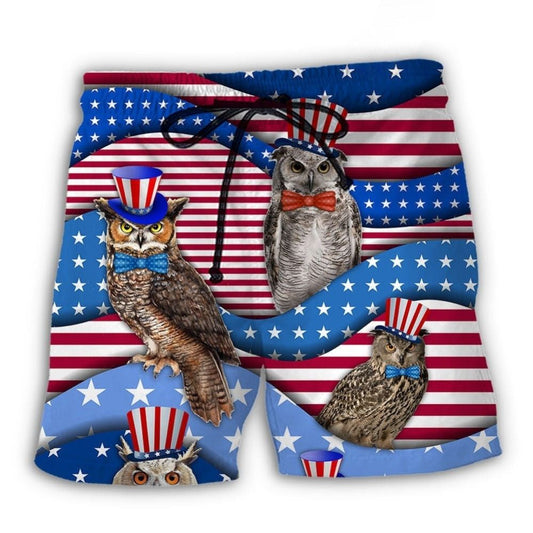 Owl With Flag Independence Day Beach Shorts For Tropical Getaways And Weekend Adventures