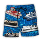 Pontoon Boat Blue Water Relaxing Beach Shorts Artwork Detail For Comfortable Everyday Summer Wear