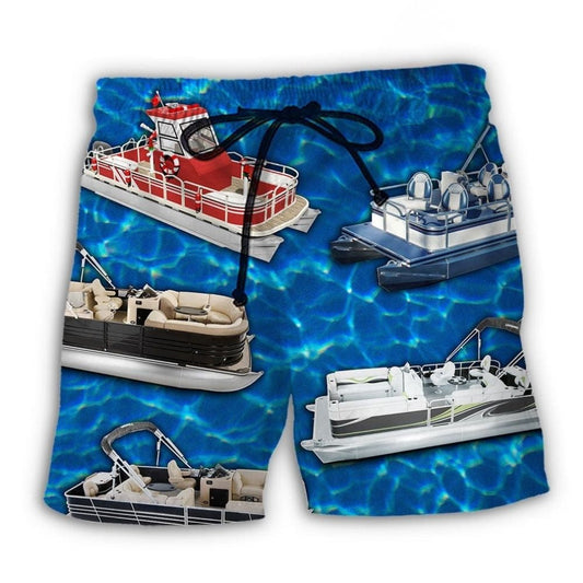 Pontoon Boat Blue Water Relaxing Beach Shorts Artwork Detail For Comfortable Everyday Summer Wear