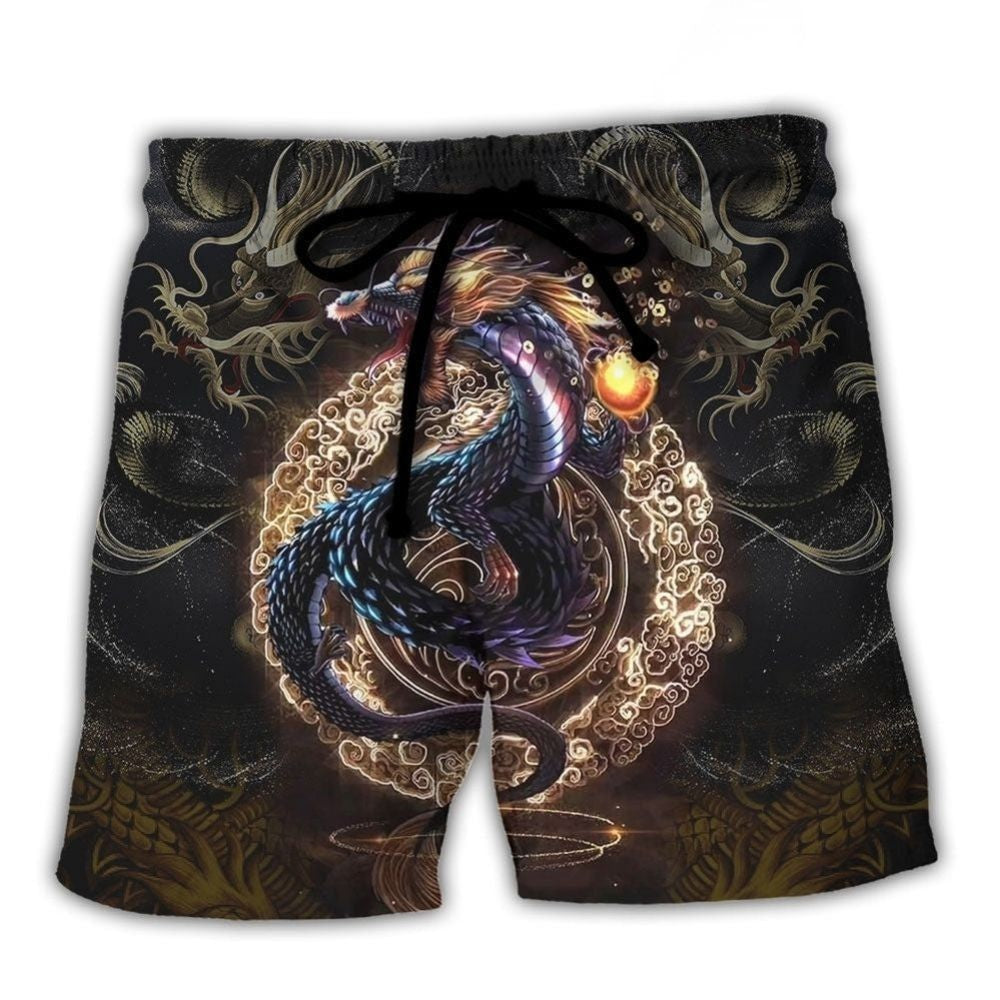 Golden Dragon Asian Myth Fantasy Beach Shorts Design Detail For Casual Warm Weather Outfits