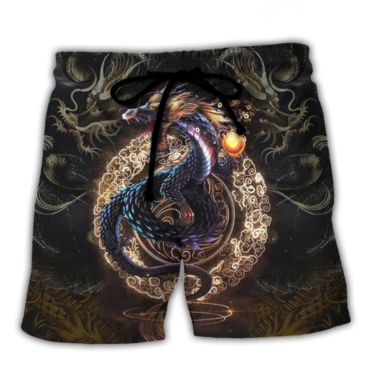 Golden Dragon Asian Myth Fantasy Beach Shorts Design Detail For Casual Warm Weather Outfits