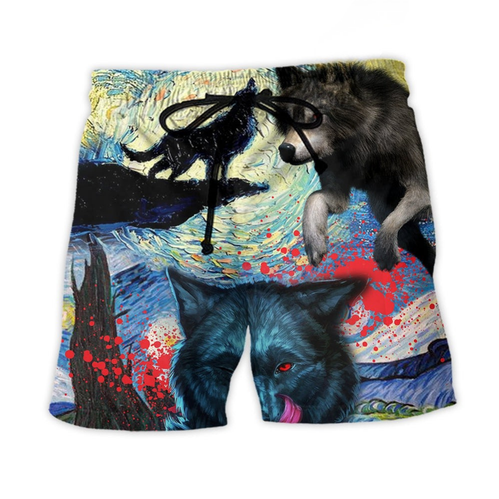Halloween Black Wolf Starry Night Beach Shorts Design Detail For Casual Warm Weather Outfits