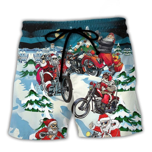 Santa Riding Motorcycle Holiday Fun Beach Shorts Design View For Poolside Relaxation And Holiday Trips