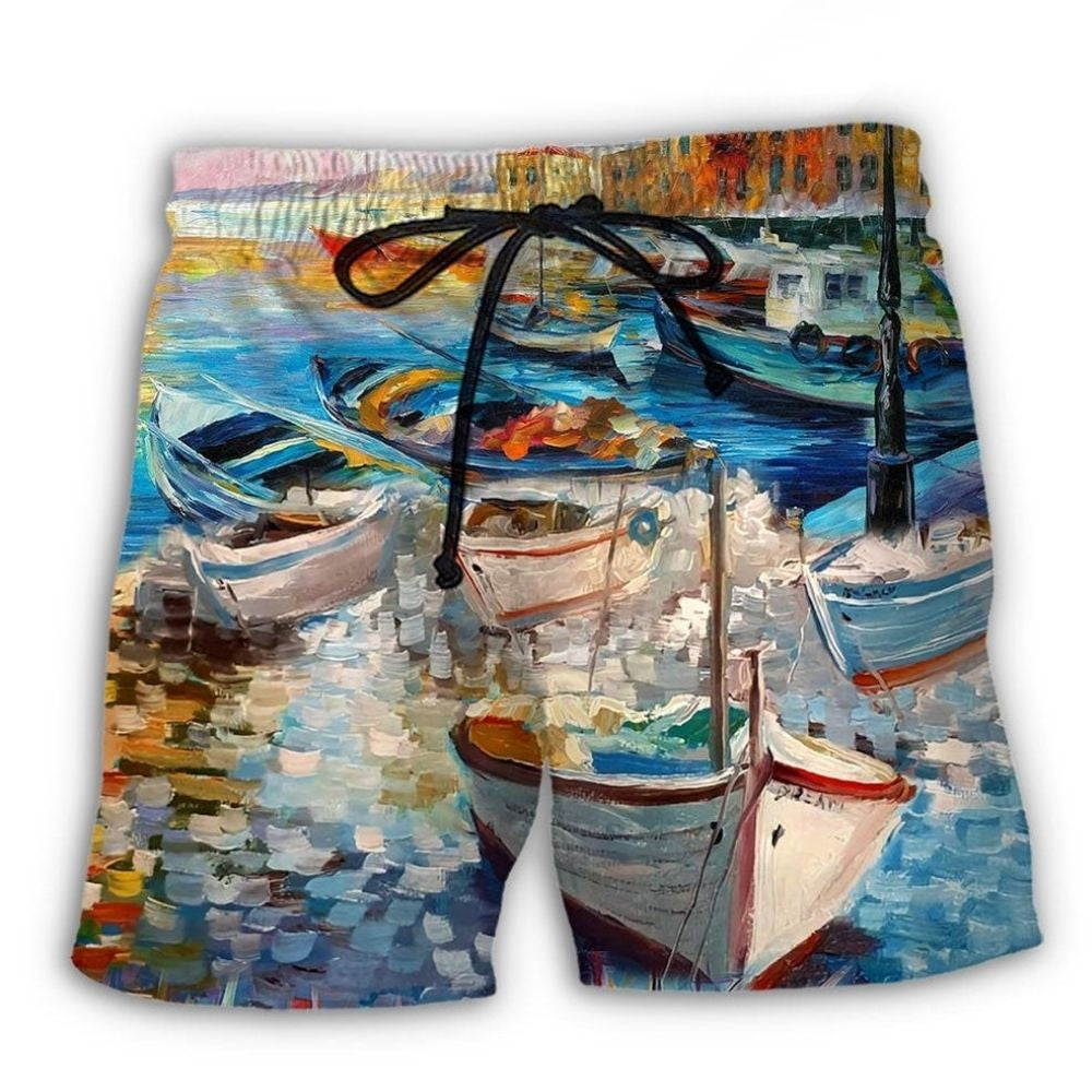 Artistic Boat Coastal Beach Shorts For Summer Vacation And Coastal Travel