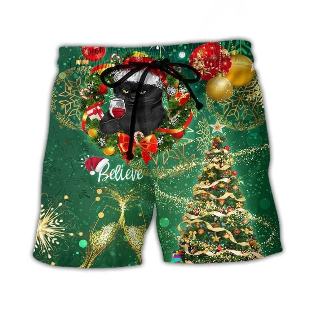 Black Cat Christmas Lights Festive Beach Shorts Design Detail For Casual Warm Weather Outfits