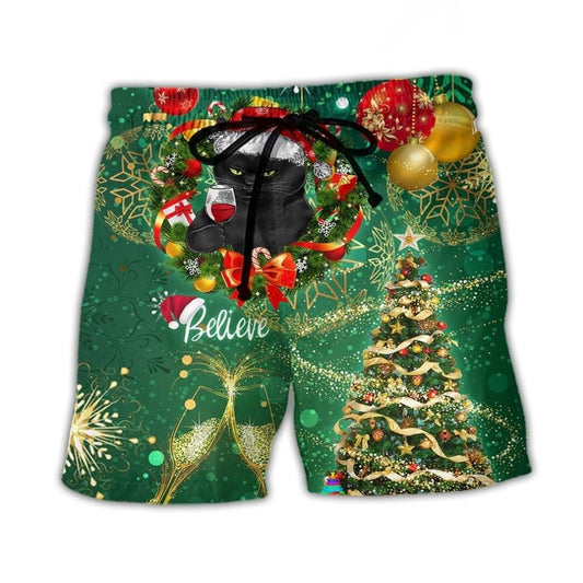 Black Cat Christmas Lights Festive Beach Shorts Design Detail For Casual Warm Weather Outfits