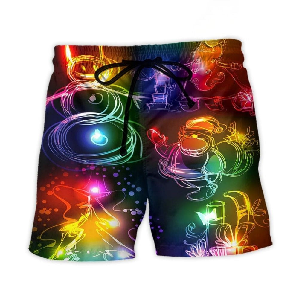 Santa Tree Snowman Neon Christmas Beach Shorts Design View For Comfortable Resort And Beach Styling