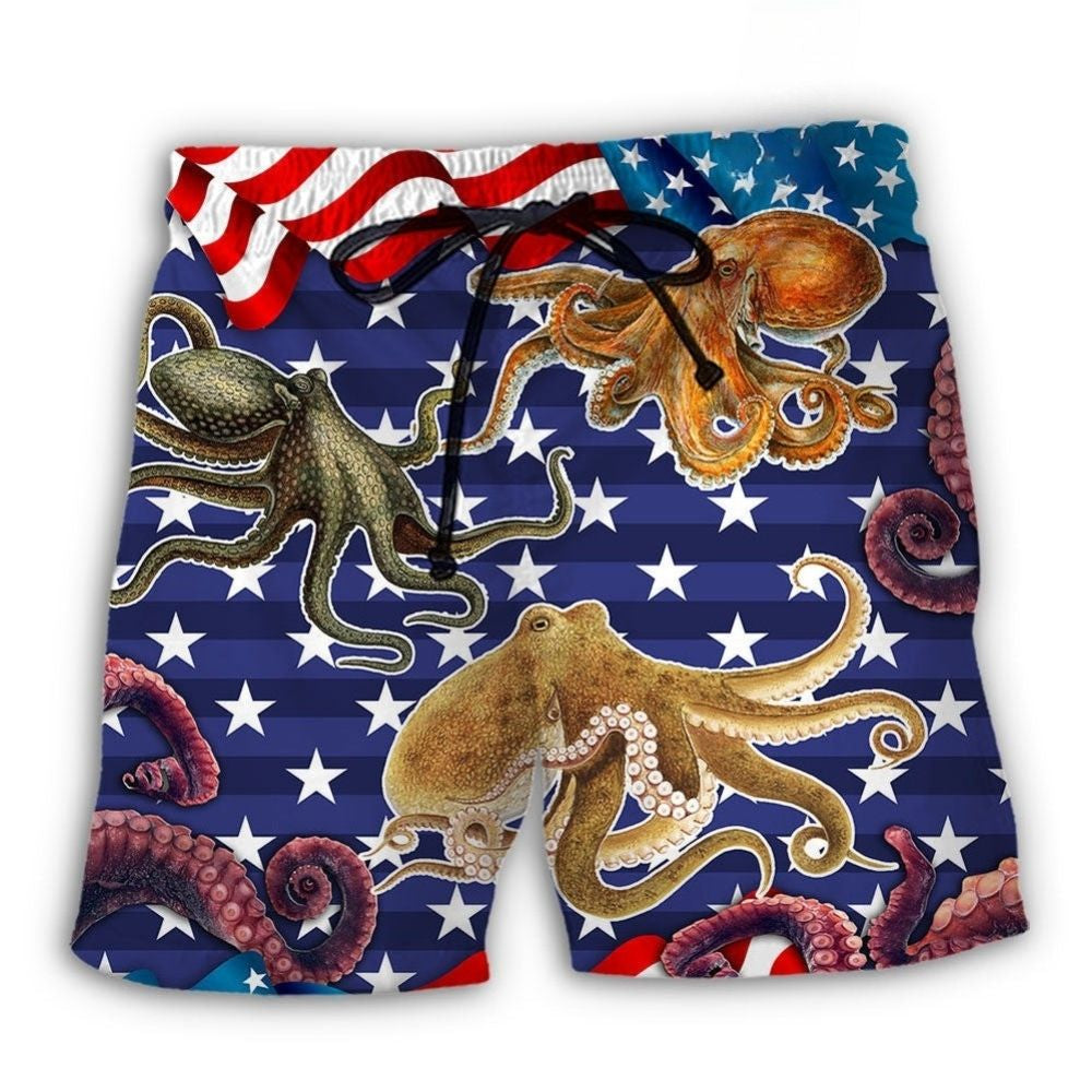 Octopus Flag Independence Day Beach Shorts Pattern Detail For Relaxed Warm Weather Outfits