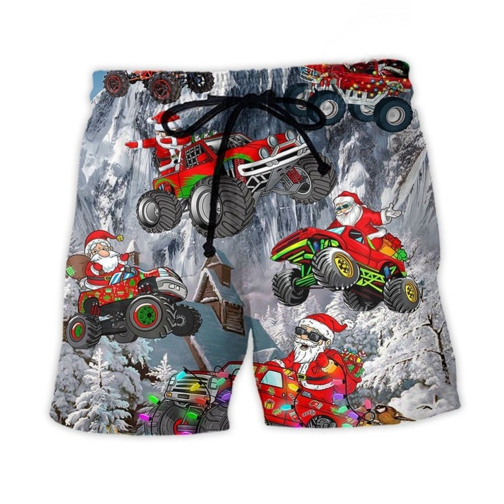 Santa Driving Red Truck In Snowy Mountains Beach Shorts Pattern Detail For Relaxed Warm Weather Outfits