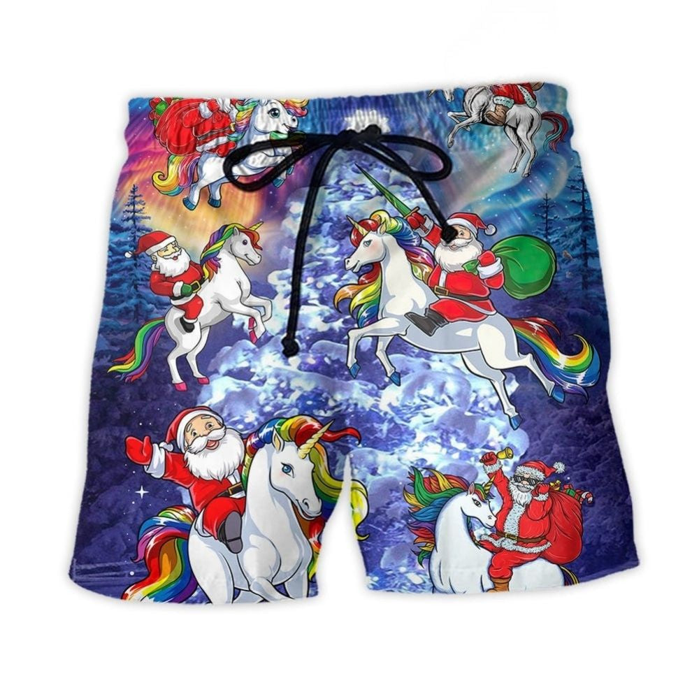 Santa Riding Unicorn In Snowy Mountains Beach Shorts Design View For Poolside Relaxation And Holiday Trips