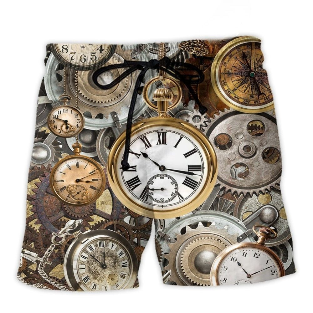 Vintage Pocket Watch Classic Beach Shorts Artwork Detail For Tropical Travel And Everyday Wear