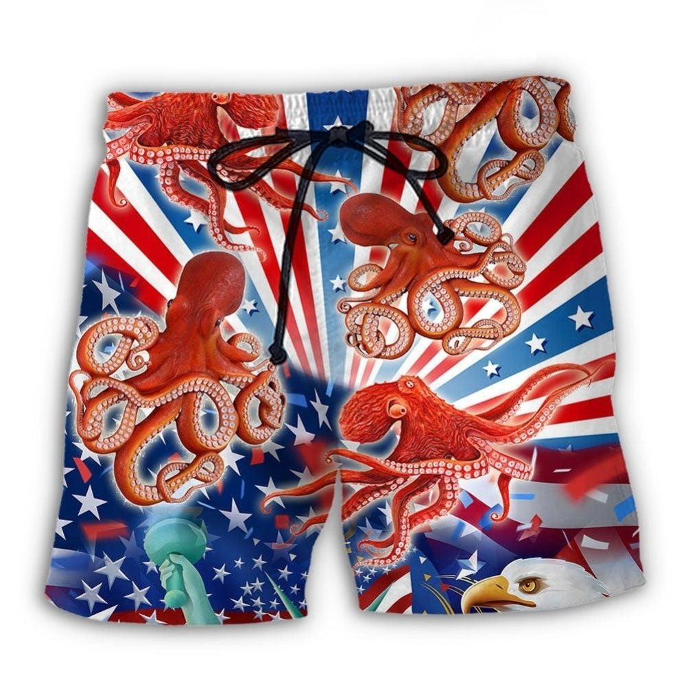 Patriotic Octopus USA Independence Day Beach Shorts Design Detail For Weekend Getaways And Beach Days