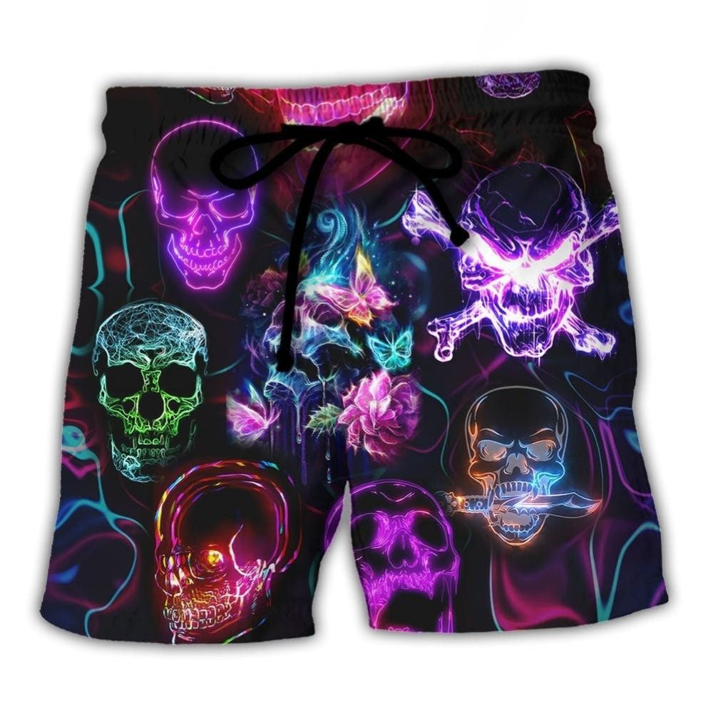 Neon Skull Happy Holiday Beach Shorts Pattern View For Resort Days And Outdoor Activities