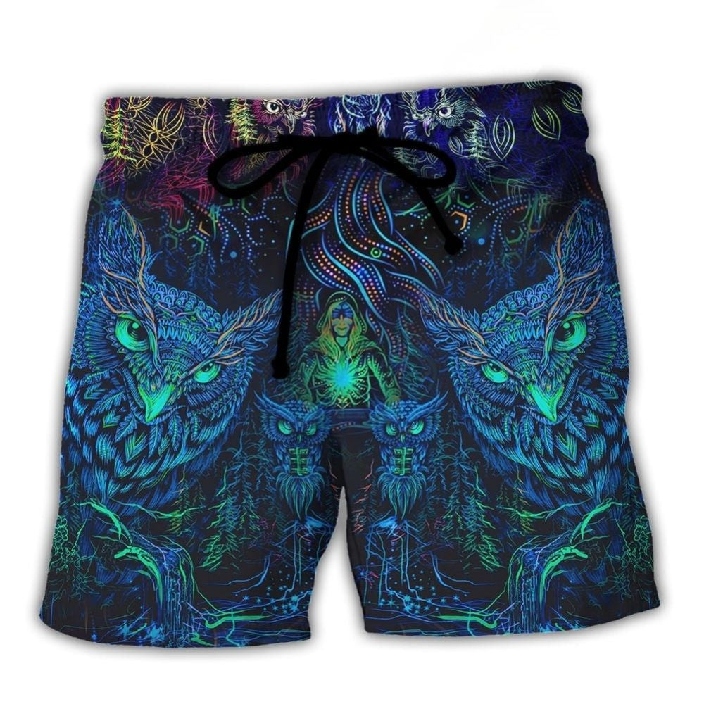 Owl And Witch Colorful Dark Fantasy Beach Shorts Pattern Detail For Sunny Outdoor Activities