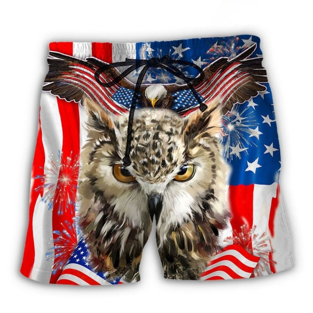 Owl USA Independence Day Celebration Beach Shorts Pattern Detail For Sunny Outdoor Activities