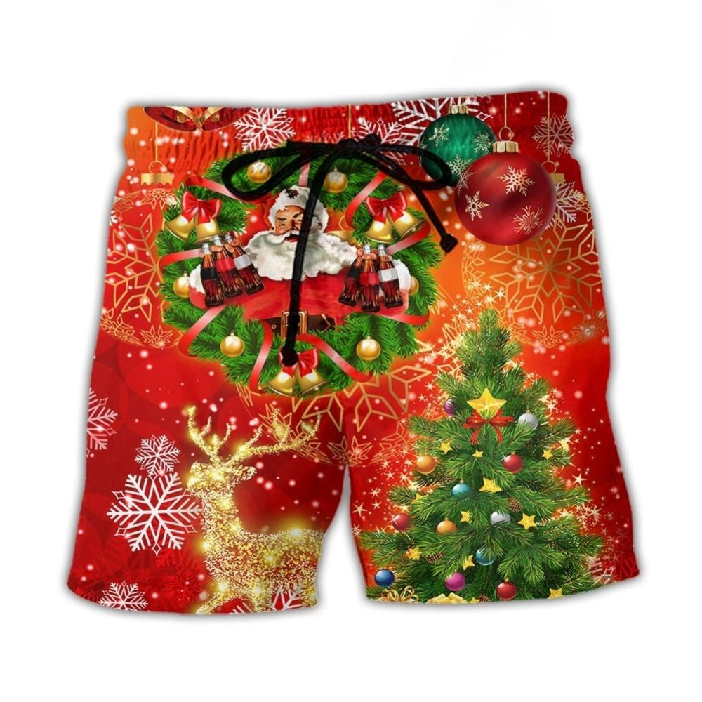 Santa Drinking By Christmas Tree Lights Beach Shorts Pattern View For Vacation Travel And Outdoor Fun
