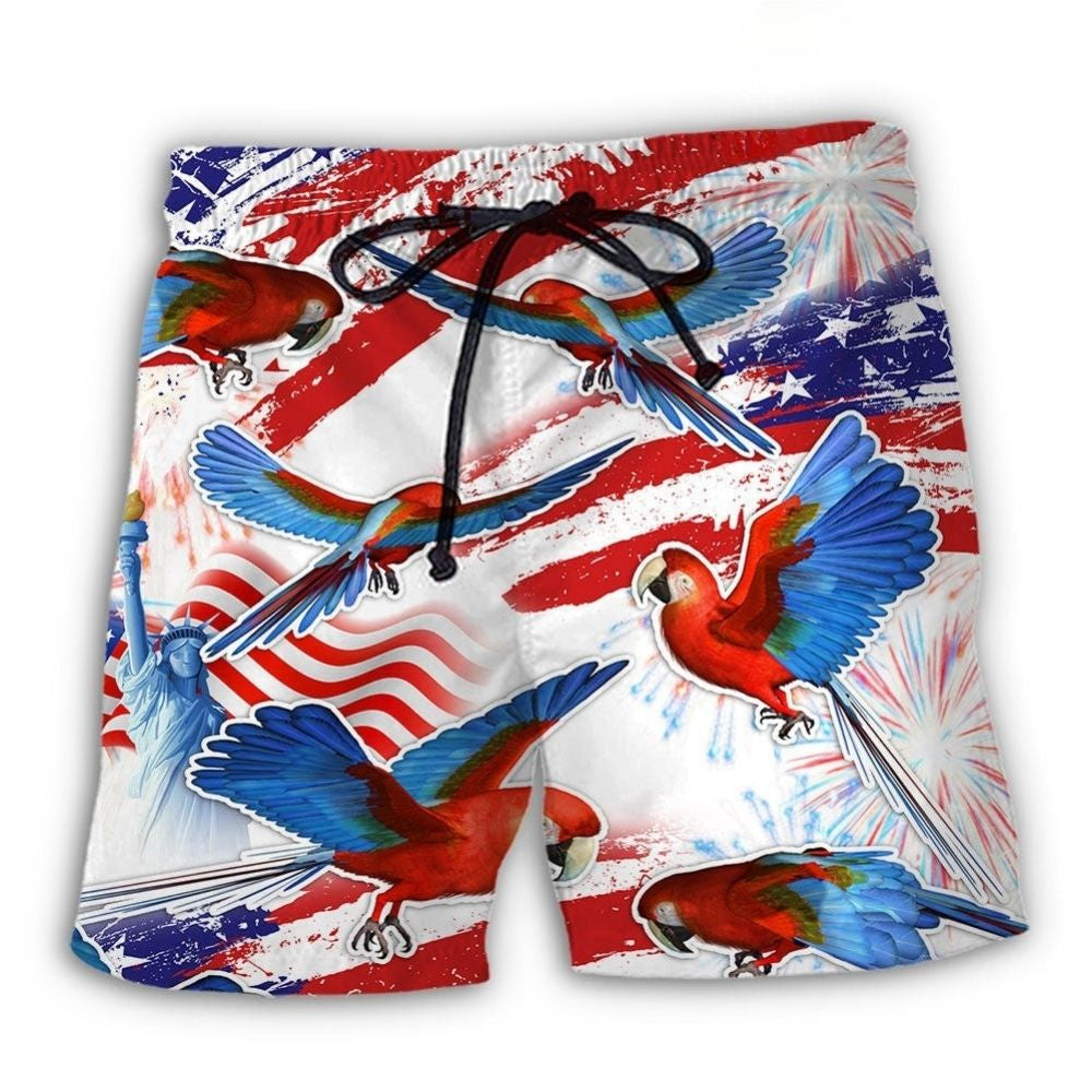 Parrot America Flag Independence Day Beach Shorts Design View For Poolside Relaxation And Holiday Trips
