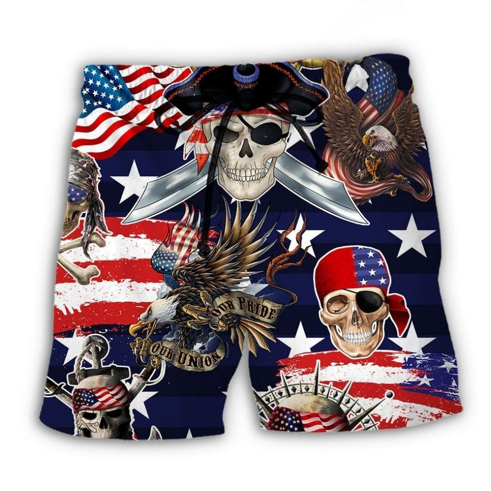 Pirate Skeleton USA Independence Day Beach Shorts Print Detail For Beach Activities And Vacation Wear