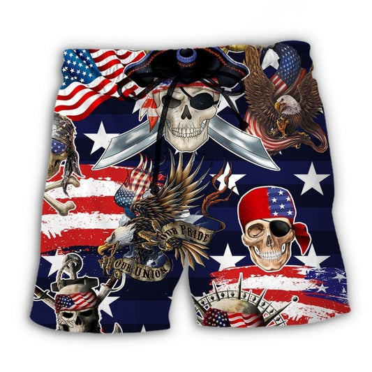 Pirate Skeleton USA Independence Day Beach Shorts Print Detail For Beach Activities And Vacation Wear