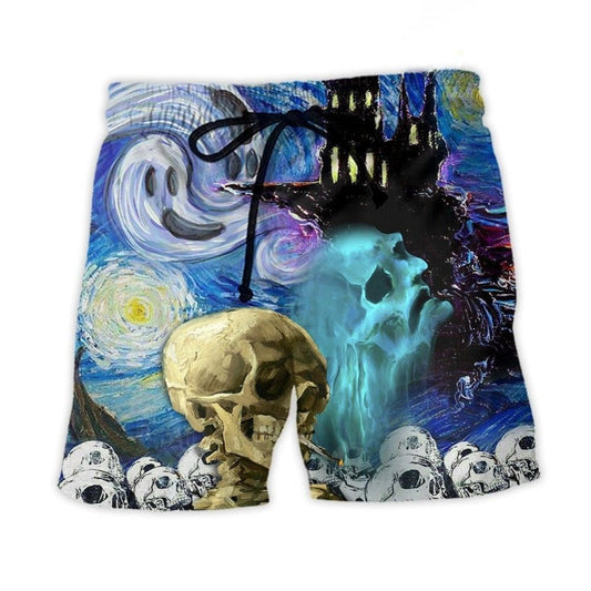 Halloween Skull Smoke Starry Night Beach Shorts Pattern Detail For Sunny Outdoor Activities