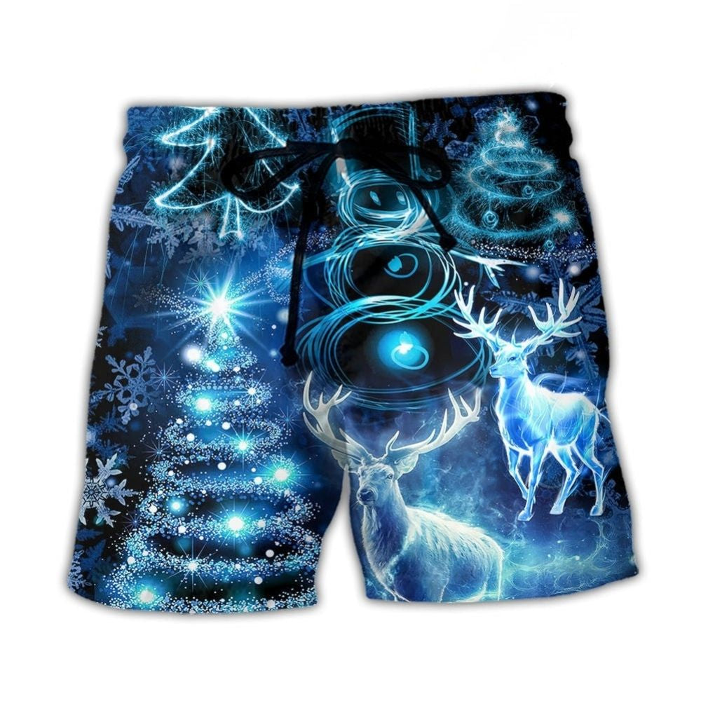 Christmas Deer Snowman Tree Glow Beach Shorts Print View For Coastal Escapes And Casual Outings