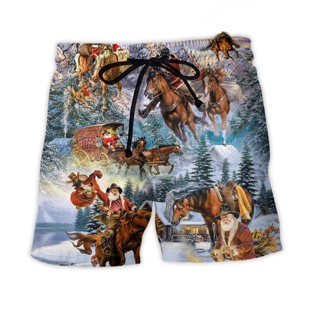 Santa Riding Horse In Snowy Mountains Beach Shorts For Coastal Adventures And Relaxed Summer Wear