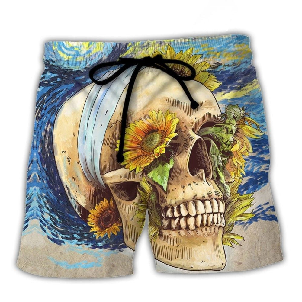 Skull And Sunflower Vintage Starry Beach Shorts Pattern View For Vacation Travel And Outdoor Fun
