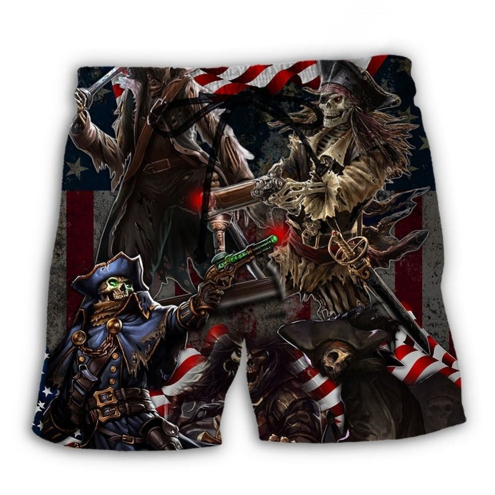 Pirate Skeleton USA Flag Celebration Beach Shorts Print Detail For Beach Activities And Vacation Wear