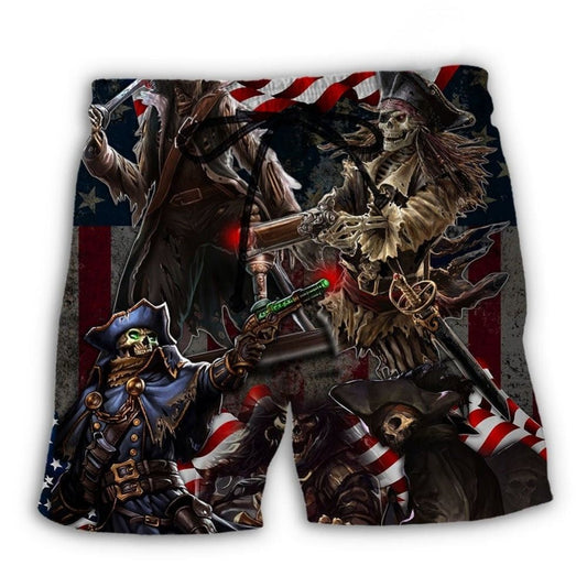 Pirate Skeleton USA Flag Celebration Beach Shorts Print Detail For Beach Activities And Vacation Wear