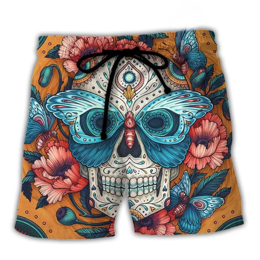 Skull And Butterfly Vintage Colorful Beach Shorts Design Detail For Casual Warm Weather Outfits
