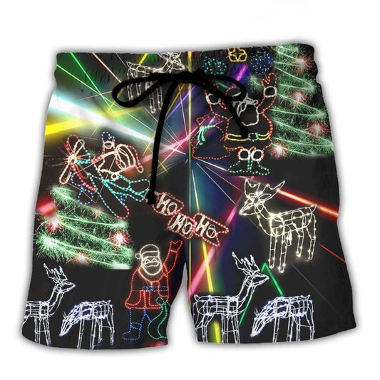 Neon Christmas Tree And Snowman Beach Shorts Artwork View For Seaside Trips And Casual Style