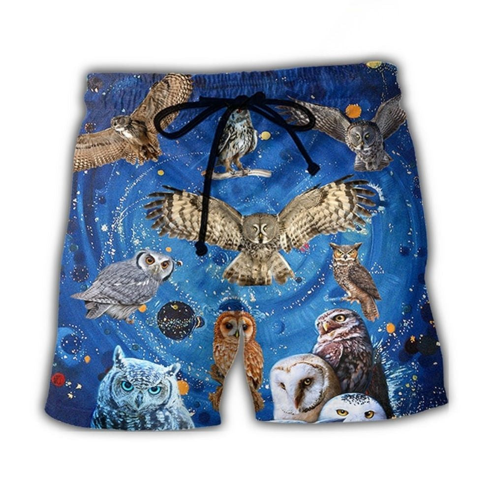 Owls Playing Together Cute Beach Shorts Pattern View For Coastal Holidays And Casual Activities