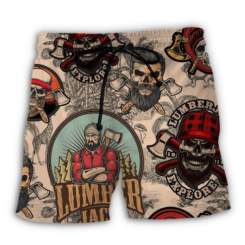 Cool Lumberjack Skull Rugged Beach Shorts Design View For Summer Events And Coastal Getaways